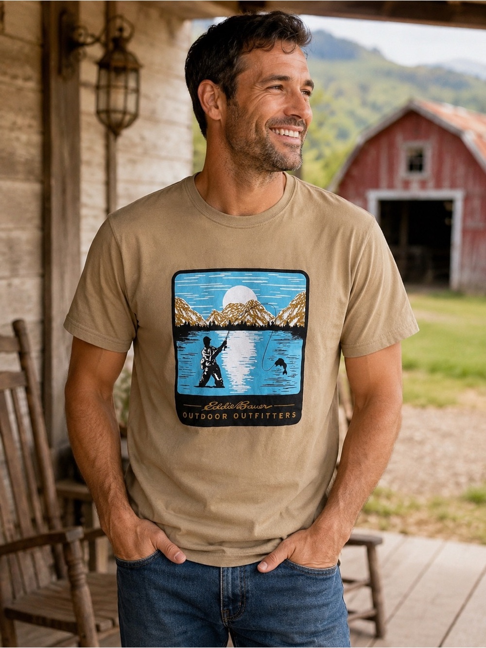 Eddie Bauer Outdoor Outfitters Fishing Graphic Tee Tan Men’s Small